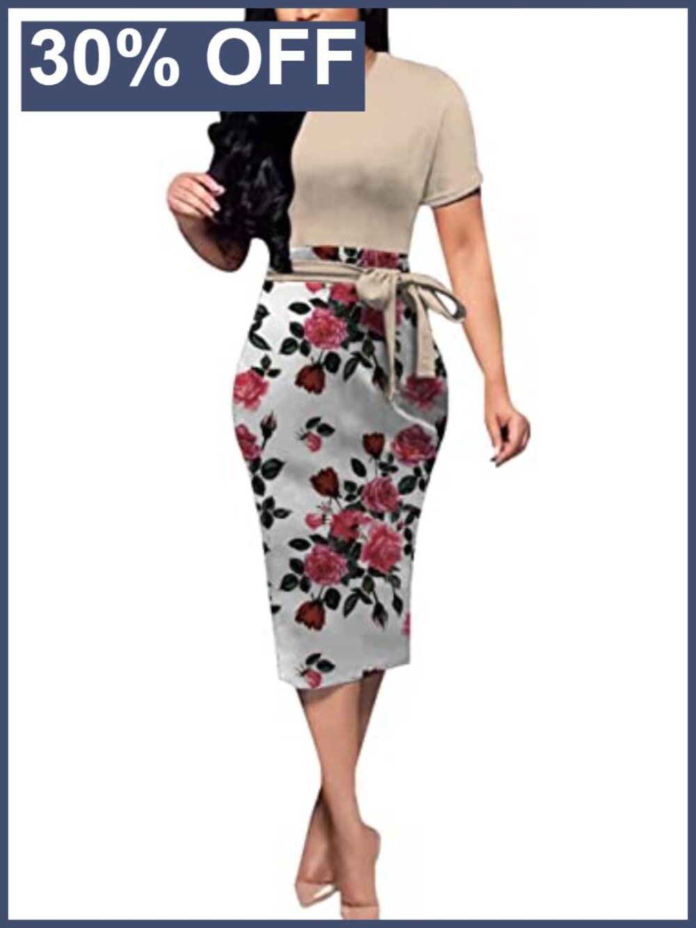 Women Midi Bodycon Pencil Dress Short Sleeve Work Casual Floral Print